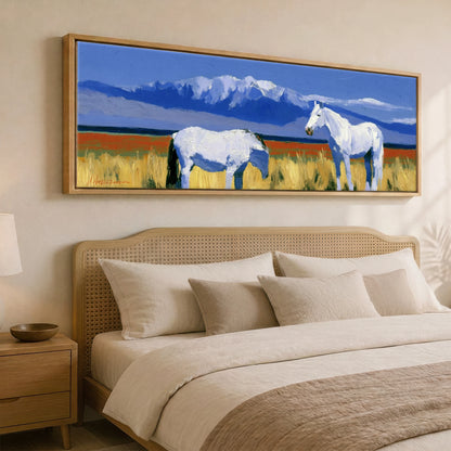 Vibrant Alpine Pasture Horse Landscape panoramic canvas wall art displayed above a bed