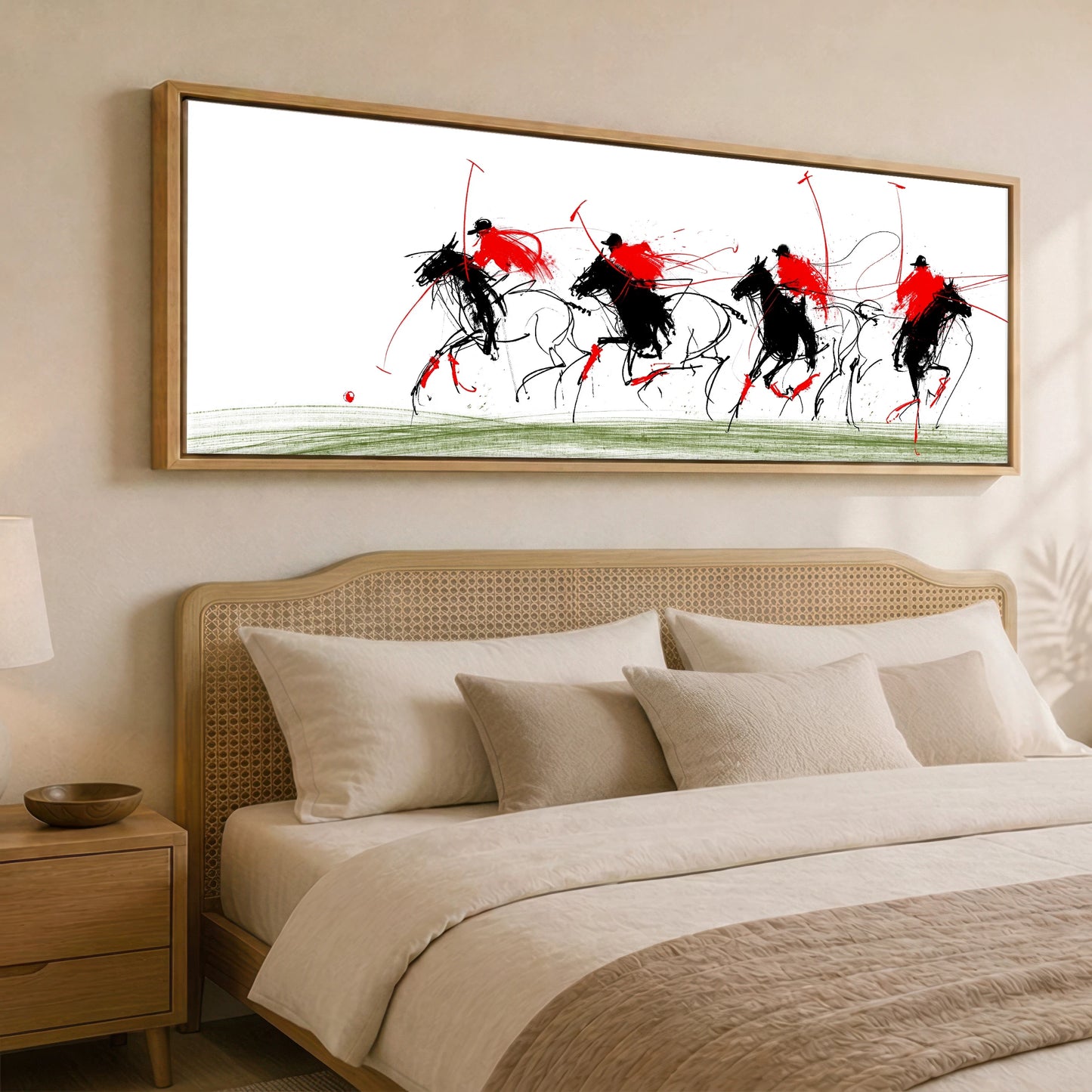 The Scarlet Charge Polo Horse panoramic canvas wall art displayed above a bed