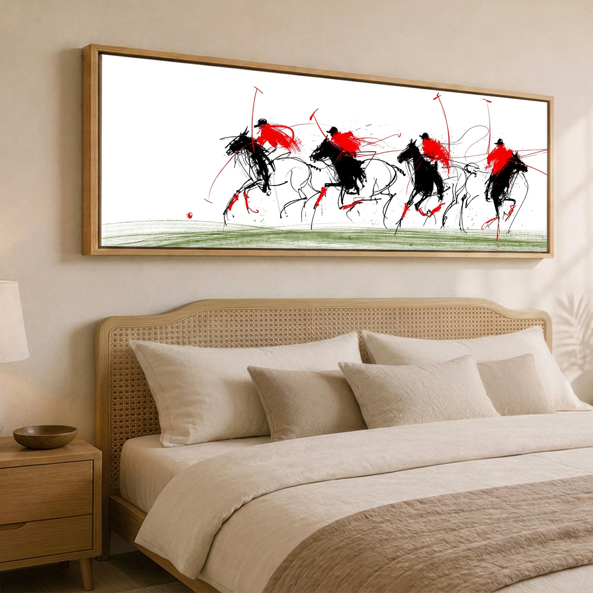 The Scarlet Charge Polo Horse panoramic canvas wall art displayed above a bed