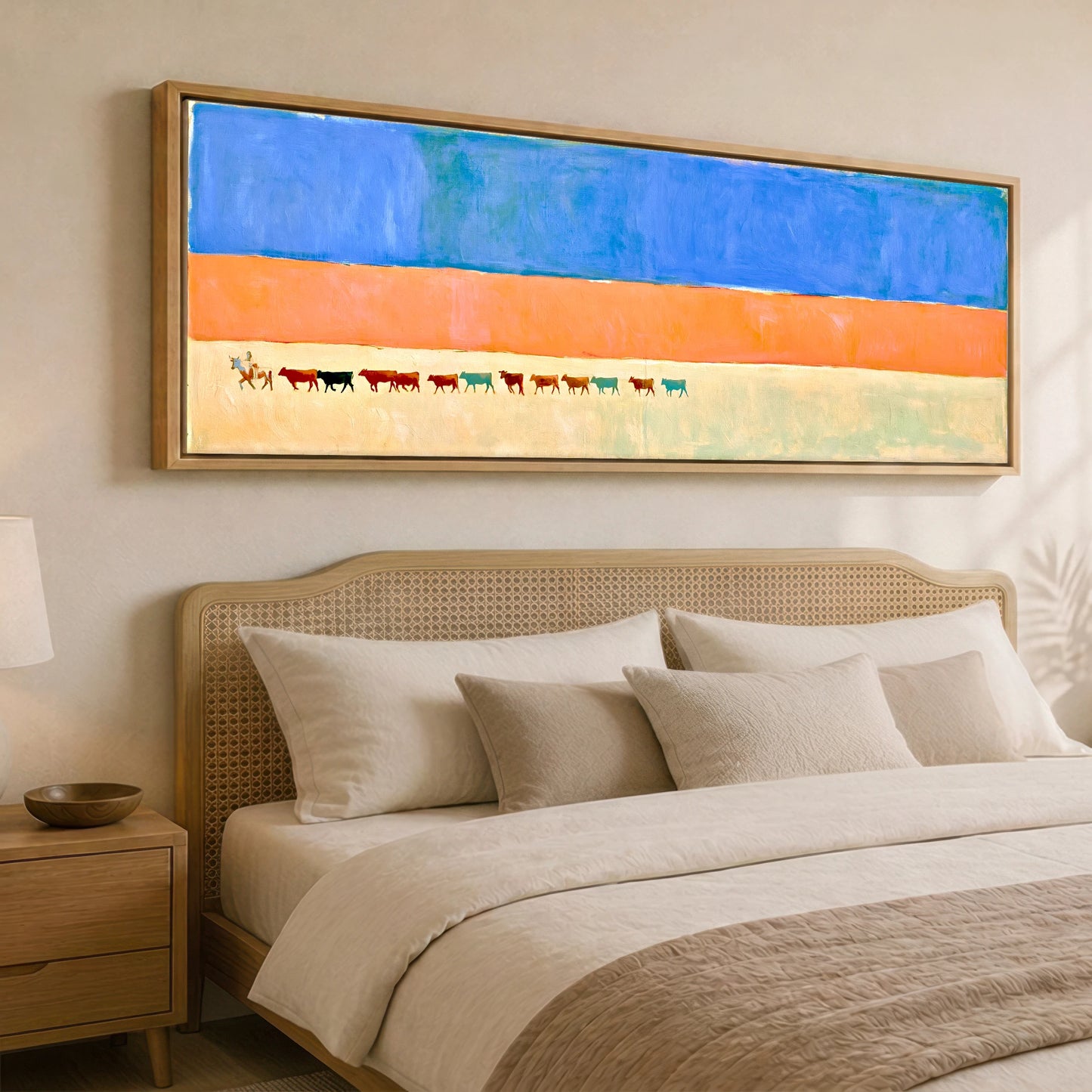 Painted Desert Drive Western Horse panoramic canvas wall art displayed above a bed