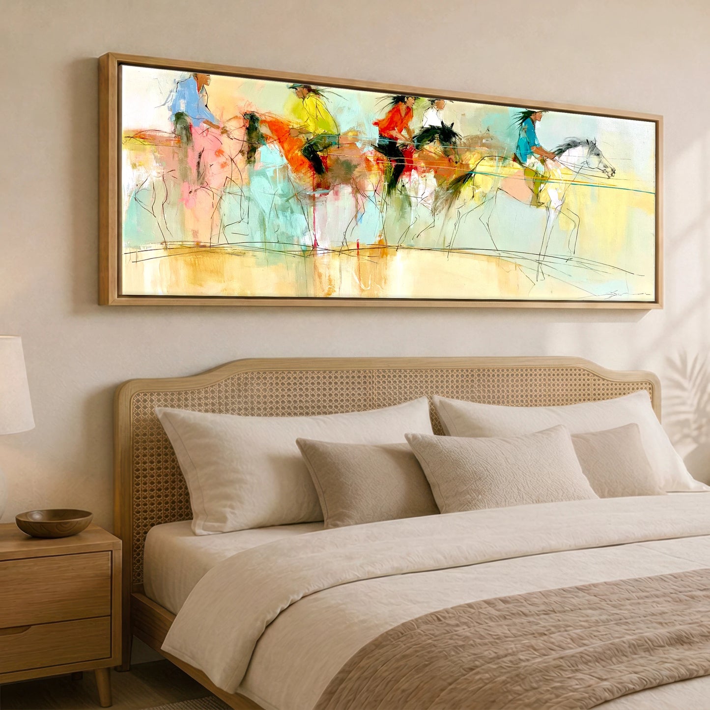 The Vibrant Canter Horse & Rider panoramic canvas wall art displayed above a bed