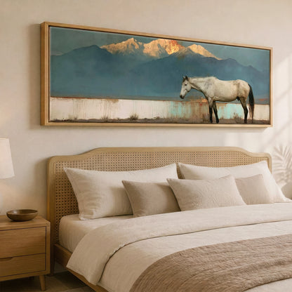 The Gilded Peak Horse Landscape panoramic canvas wall art displayed above a bed