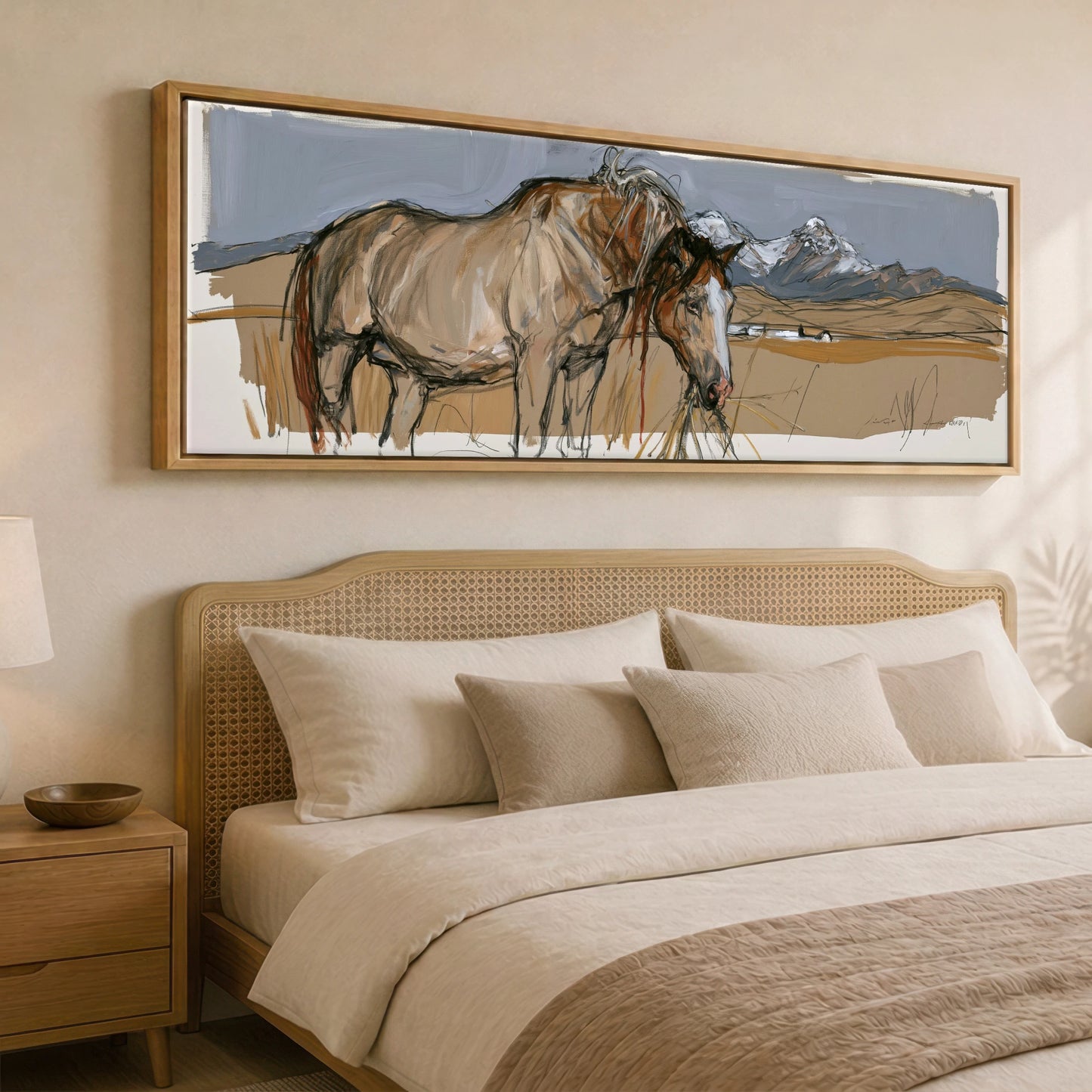 Grazing Below the Peaks Horse Landscape panoramic canvas wall art displayed above a bed