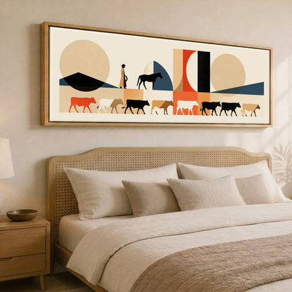 The Drover's Line Western Horse panoramic canvas wall art displayed above a bed