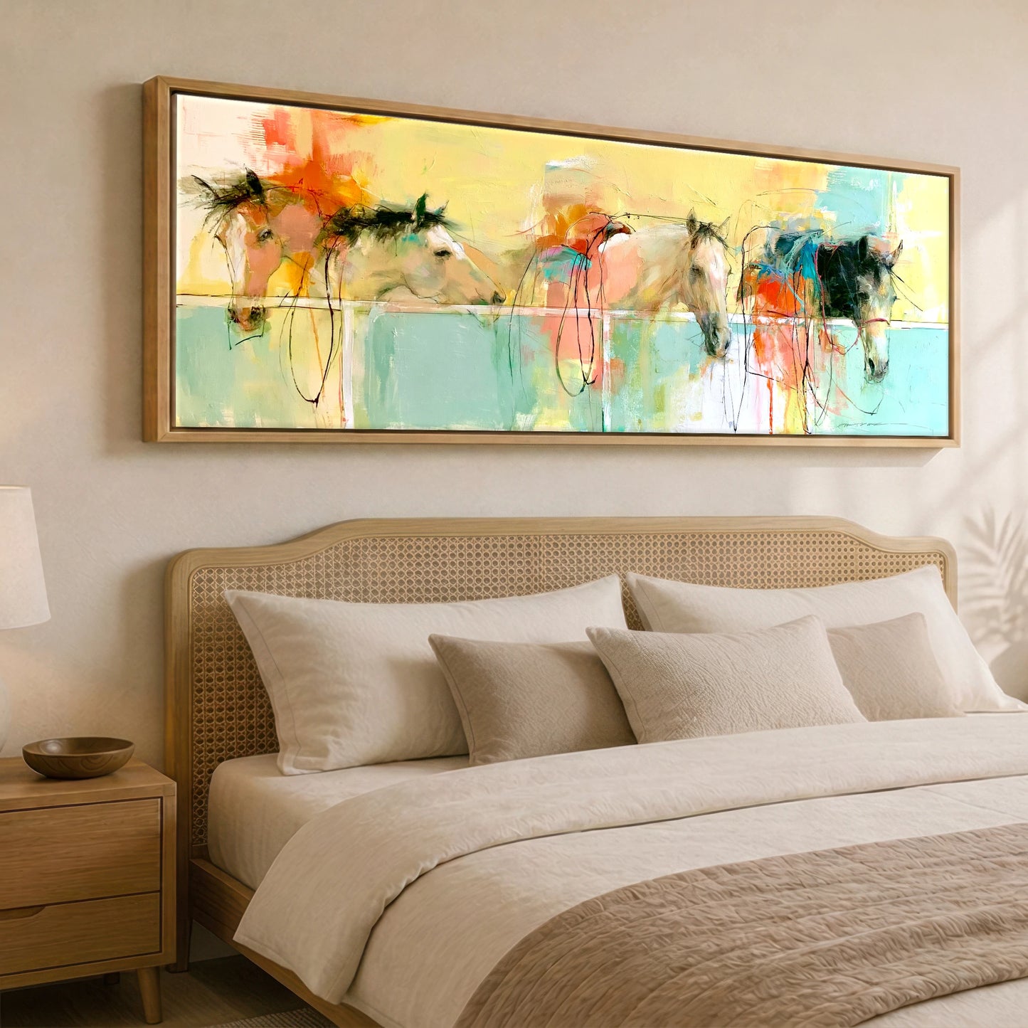 Vibrant Stable Companions Horse Stable panoramic canvas wall art displayed above a bed