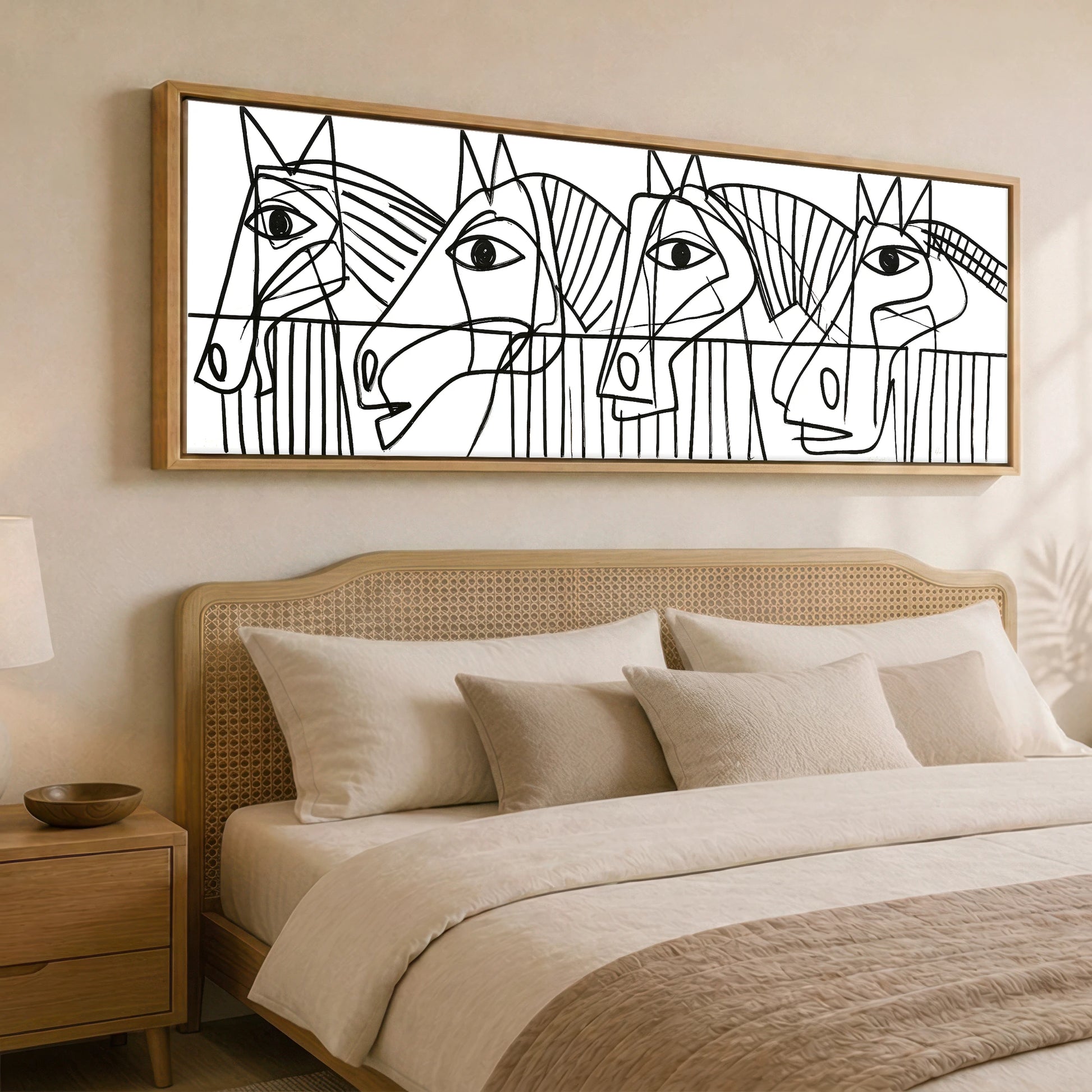 Modern Yard Lineup Horse Stable panoramic canvas wall art displayed above a bed