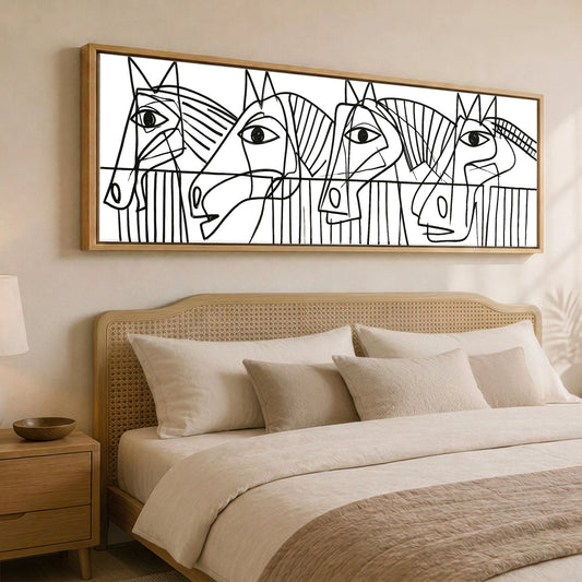 Modern Yard Lineup Horse Stable panoramic canvas wall art displayed above a bed