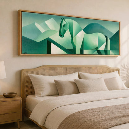 Structured Jade Equine Horse Landscape panoramic canvas wall art displayed above a bed