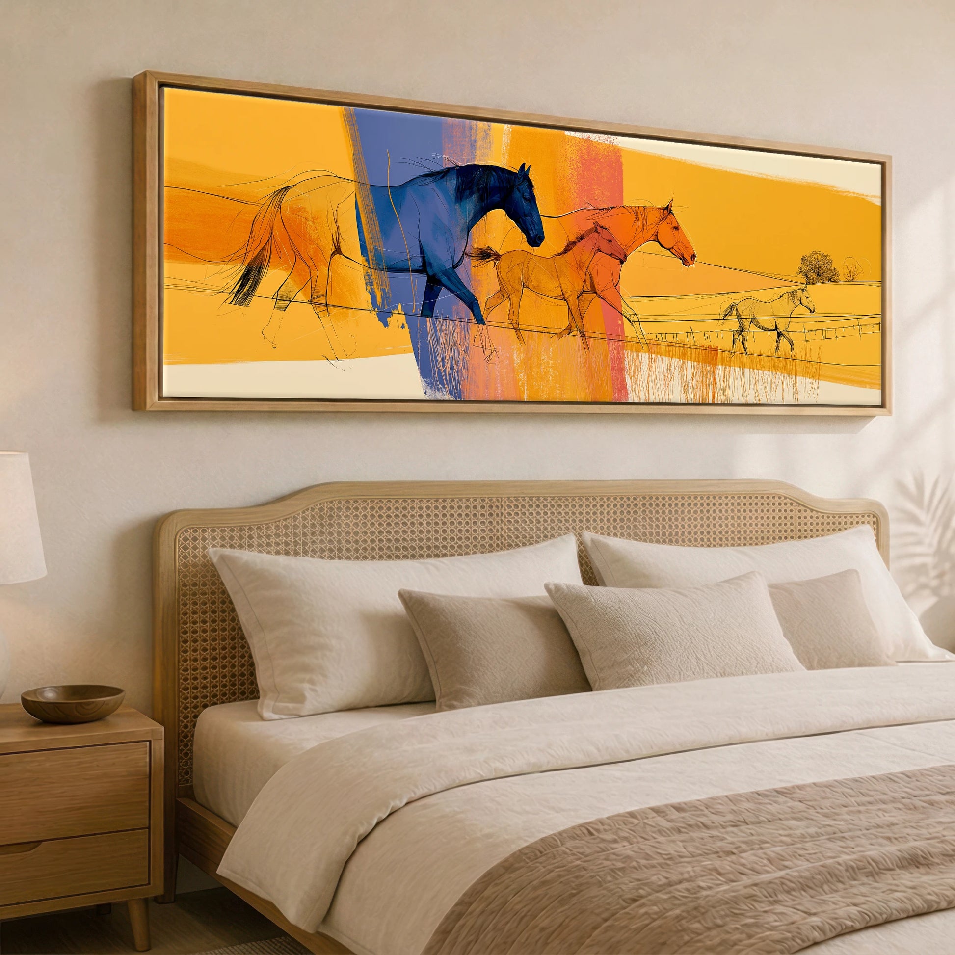 Prismatic Plains Horse Landscape panoramic canvas wall art displayed above a bed