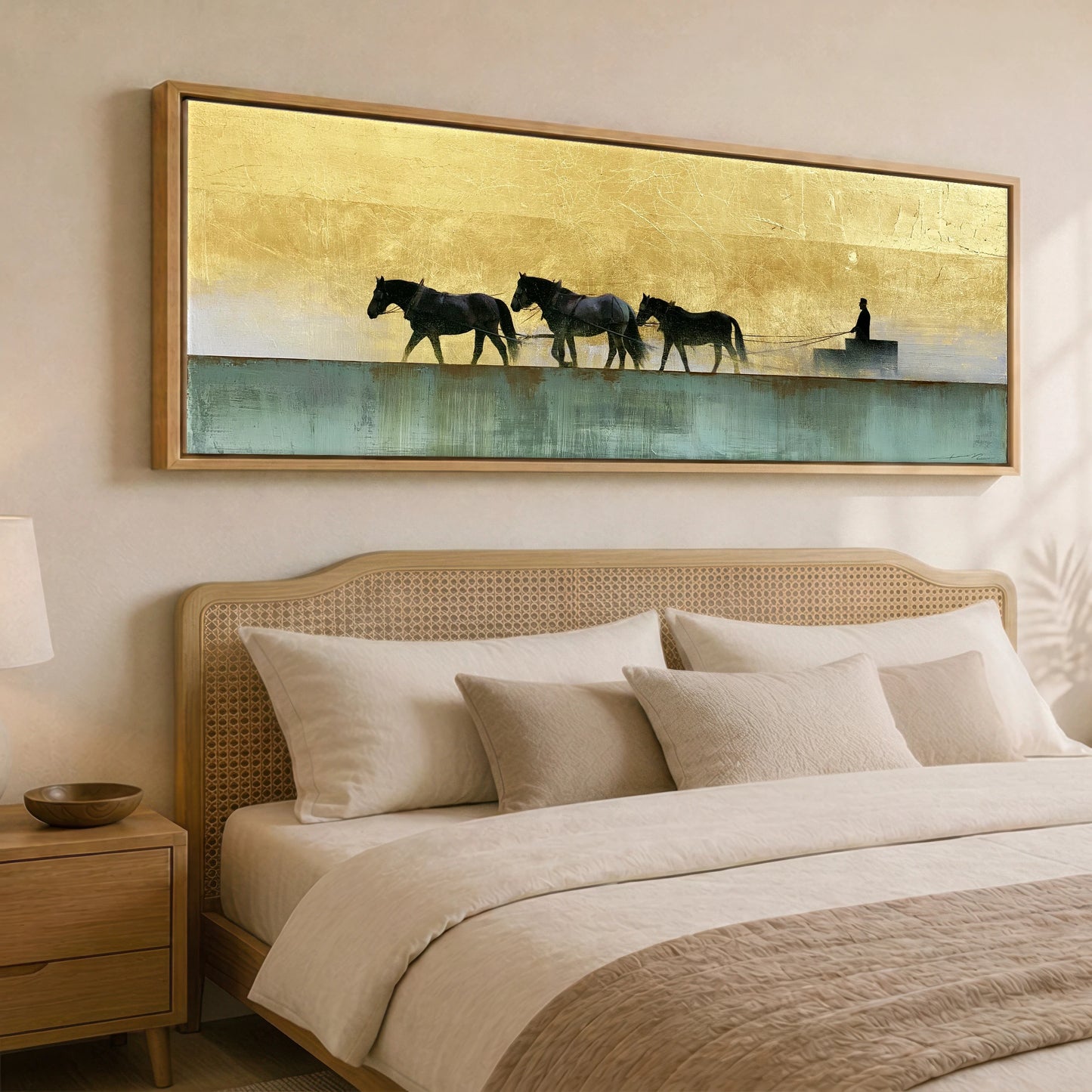 The Golden Drive Working Horse panoramic canvas wall art displayed above a bed