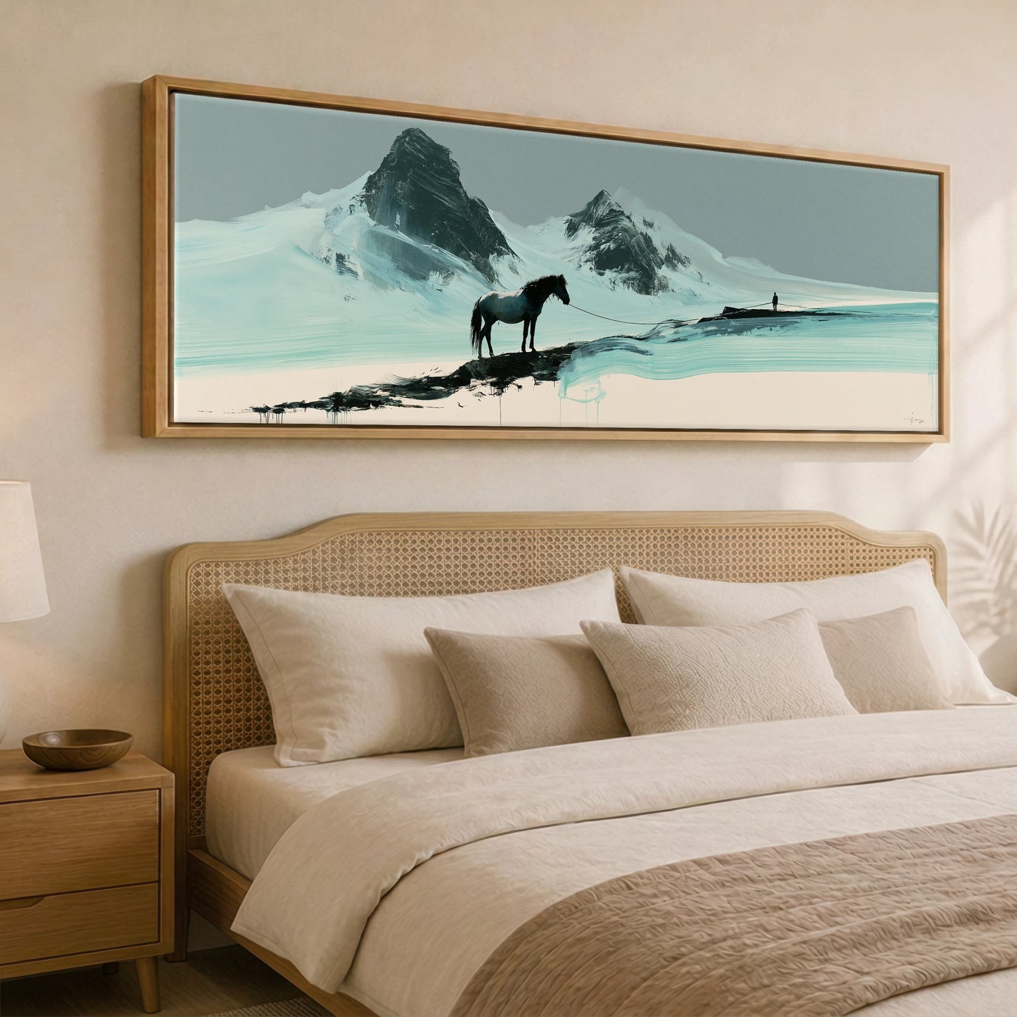 The Long Line Horse Landscape panoramic canvas wall art displayed above a bed