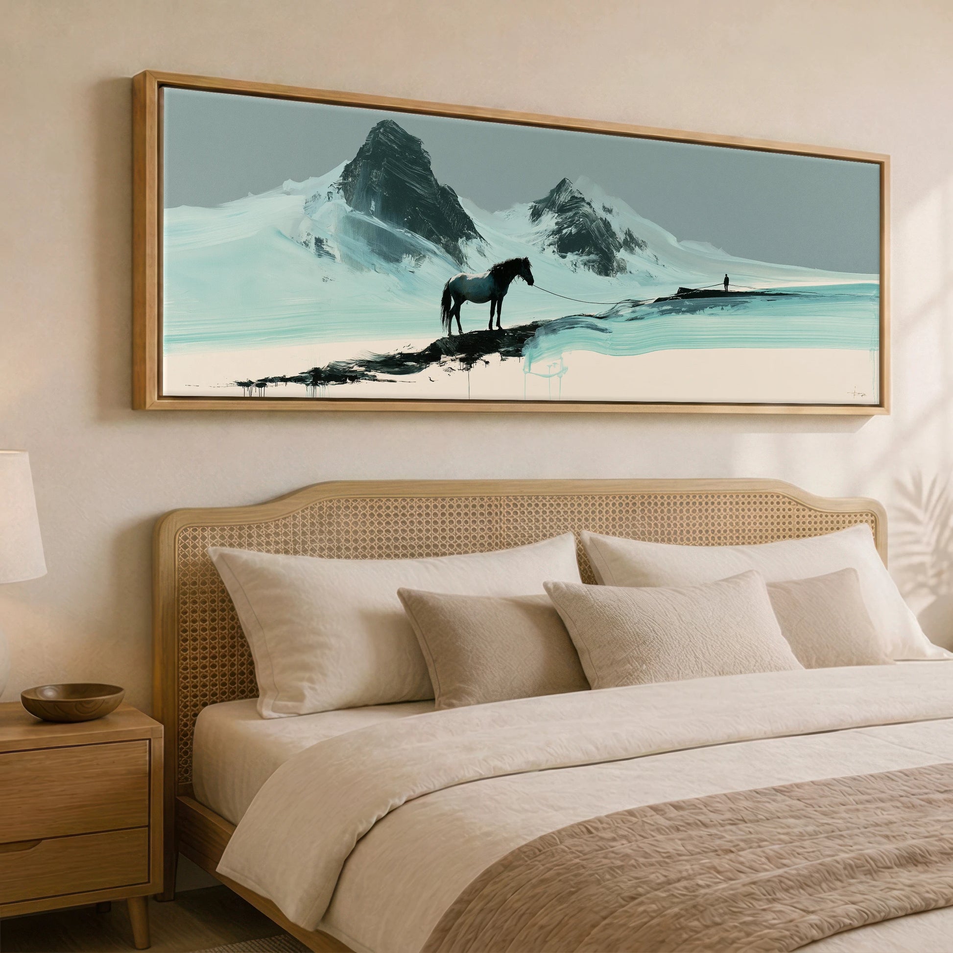 The Long Line Horse Landscape panoramic canvas wall art displayed above a bed