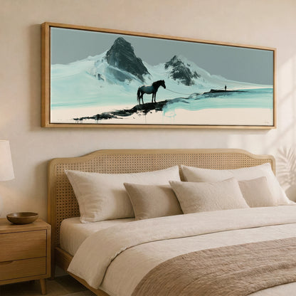 The Long Line Horse Landscape panoramic canvas wall art displayed above a bed
