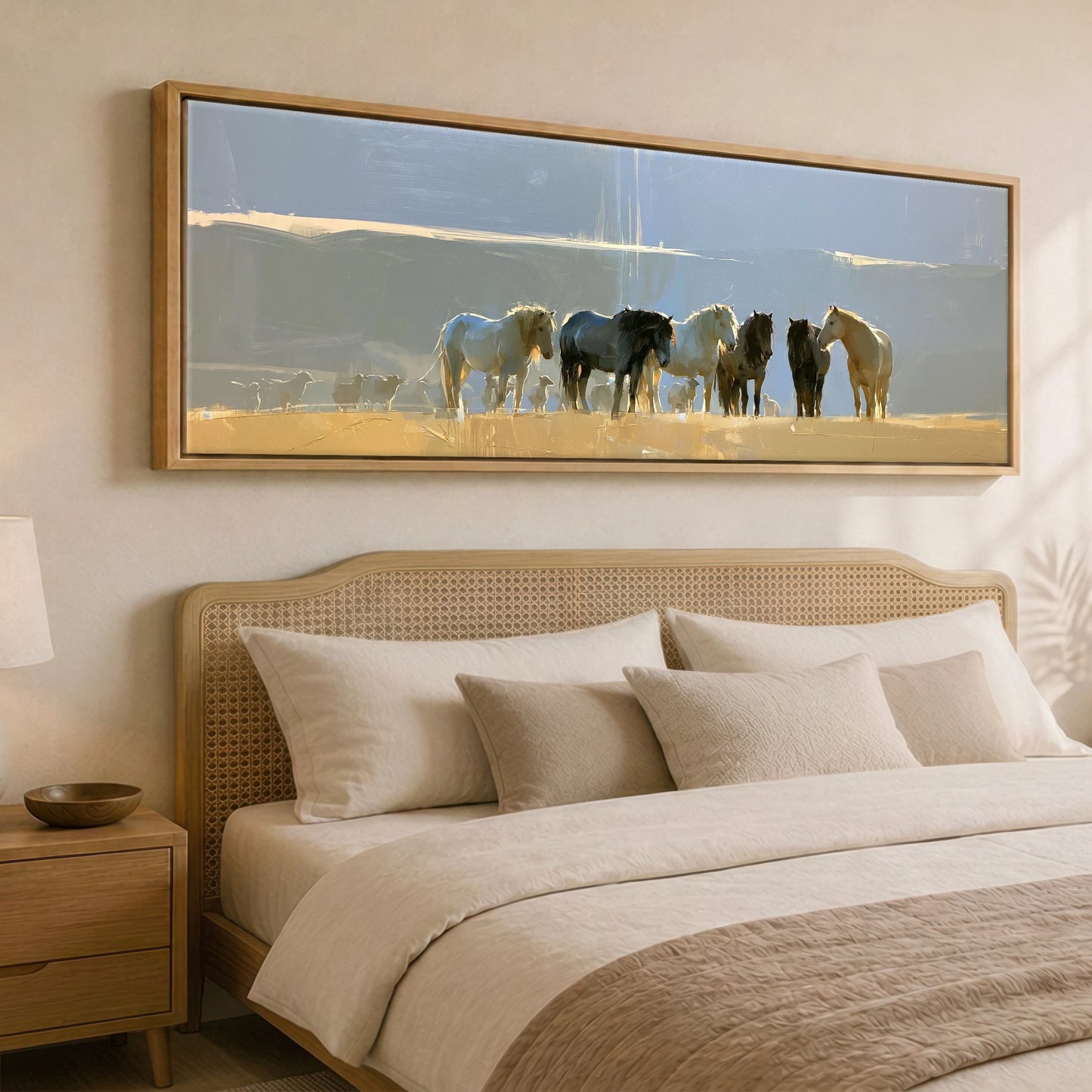 Sunlit Pasture Gathering Horse Landscape panoramic canvas wall art displayed above a bed