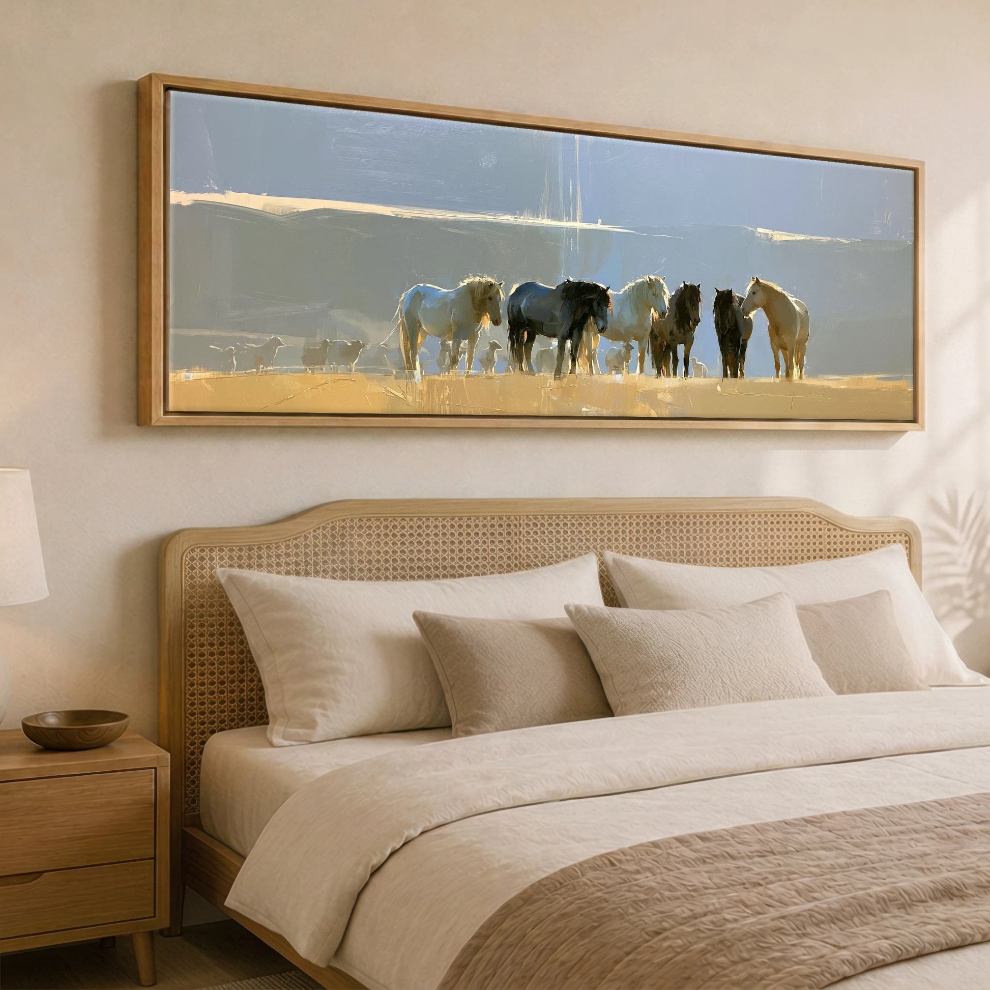 Sunlit Pasture Gathering Horse Landscape panoramic canvas wall art displayed above a bed