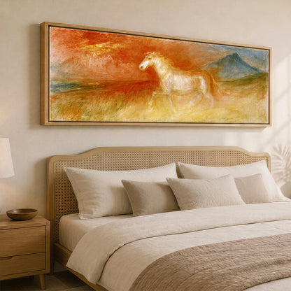 Luminous Spirit Horse Landscape panoramic canvas wall art displayed above a bed