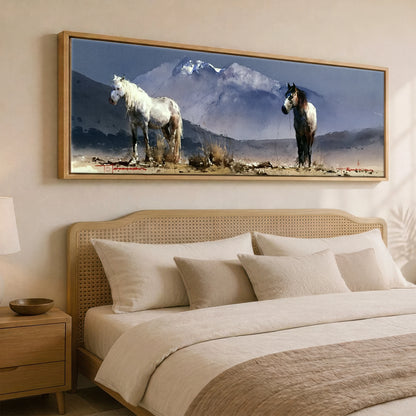 Mountain Solitude Horse Landscape panoramic canvas wall art displayed above a bed