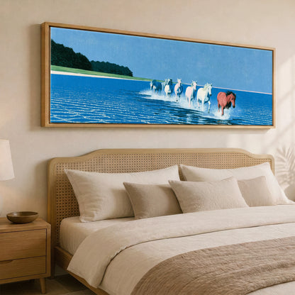 Through the Azure Shallows Horse Landscape panoramic canvas wall art displayed above a bed