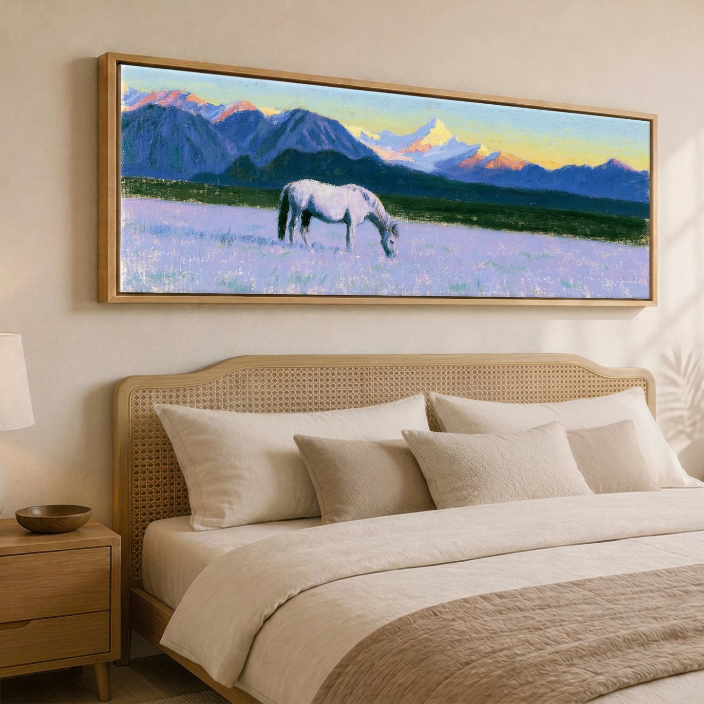 Lavender Mountain Pasture Horse Landscape panoramic canvas wall art displayed above a bed