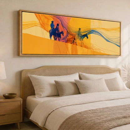 Riding the Horizon Horse & Rider panoramic canvas wall art displayed above a bed