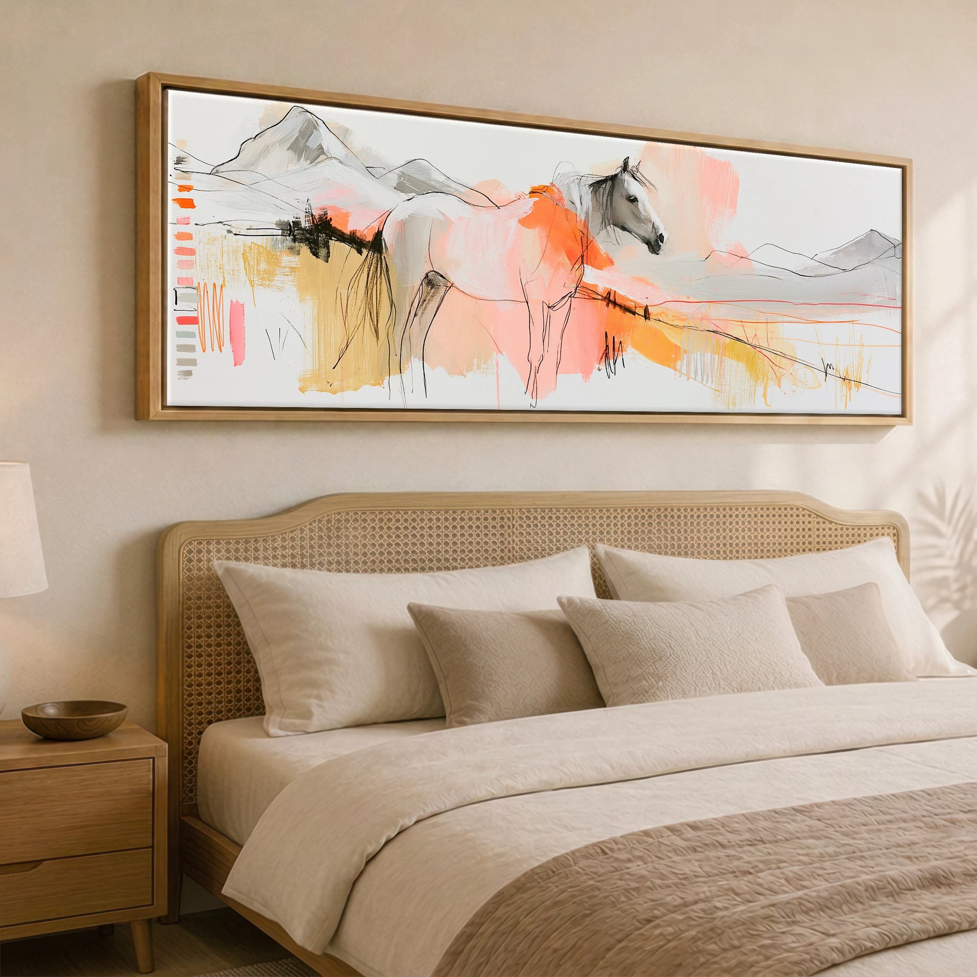 Painted Sunset Wanderer Horse Landscape panoramic canvas wall art displayed above a bed