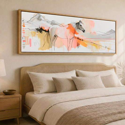 Painted Sunset Wanderer Horse Landscape panoramic canvas wall art displayed above a bed