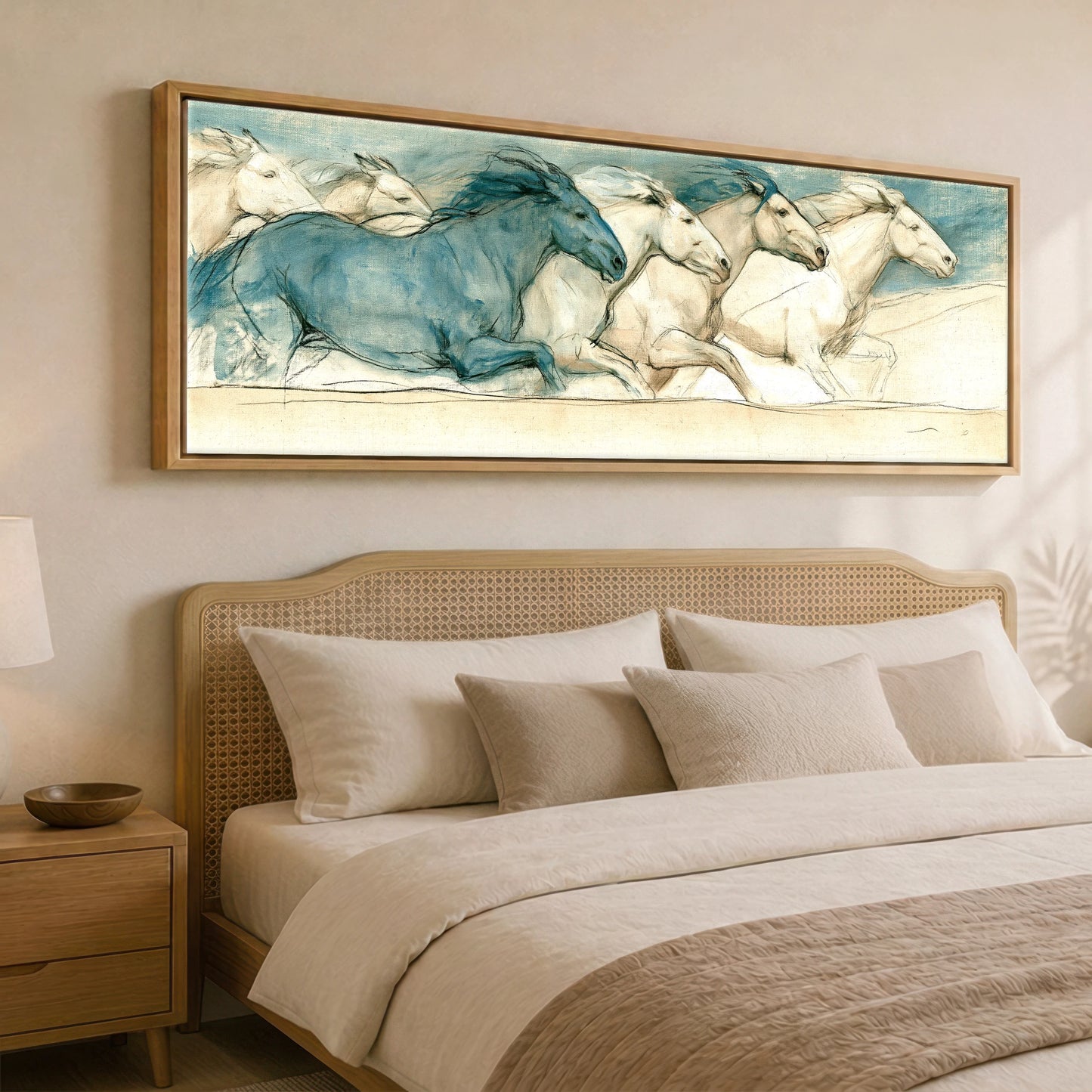 Azure Stride Horse Landscape panoramic canvas wall art displayed above a bed