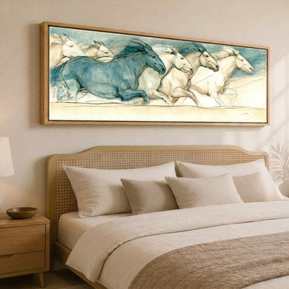 Azure Stride Horse Landscape panoramic canvas wall art displayed above a bed