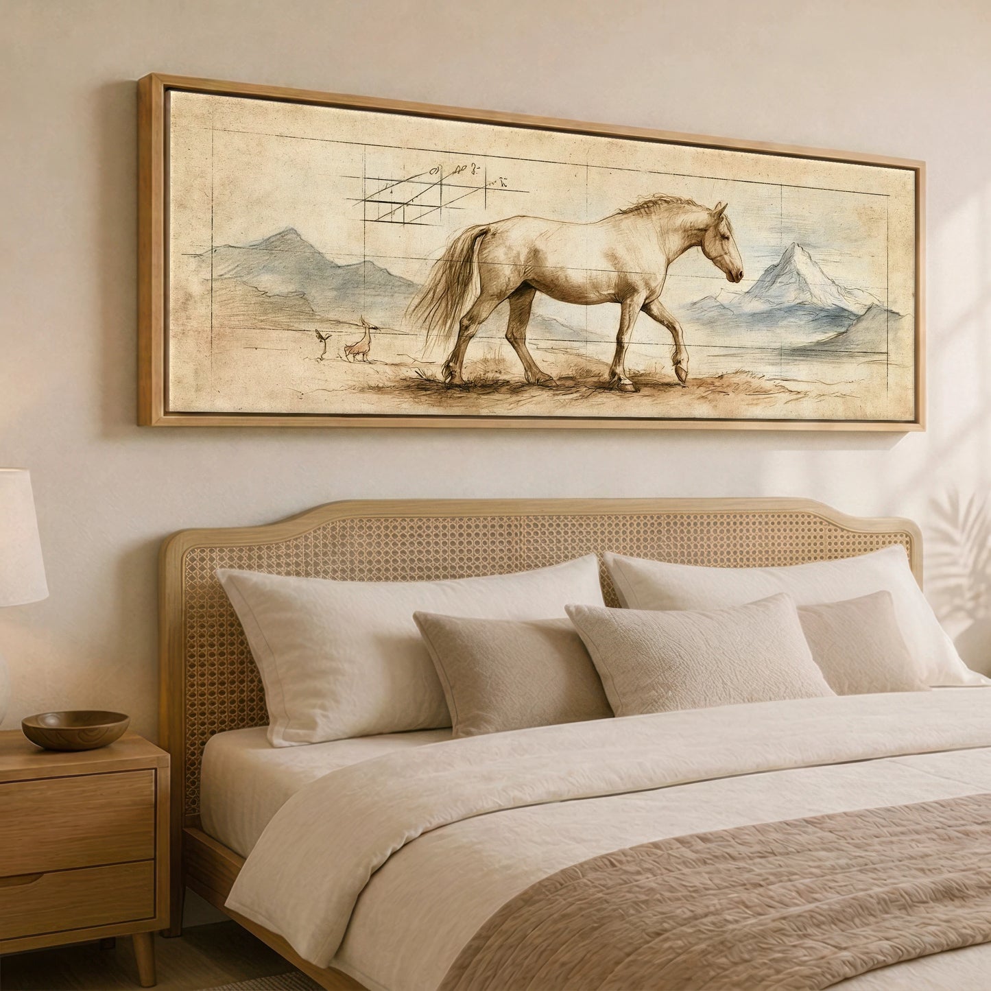 Classical Equine Study Horse Landscape panoramic canvas wall art displayed above a bed