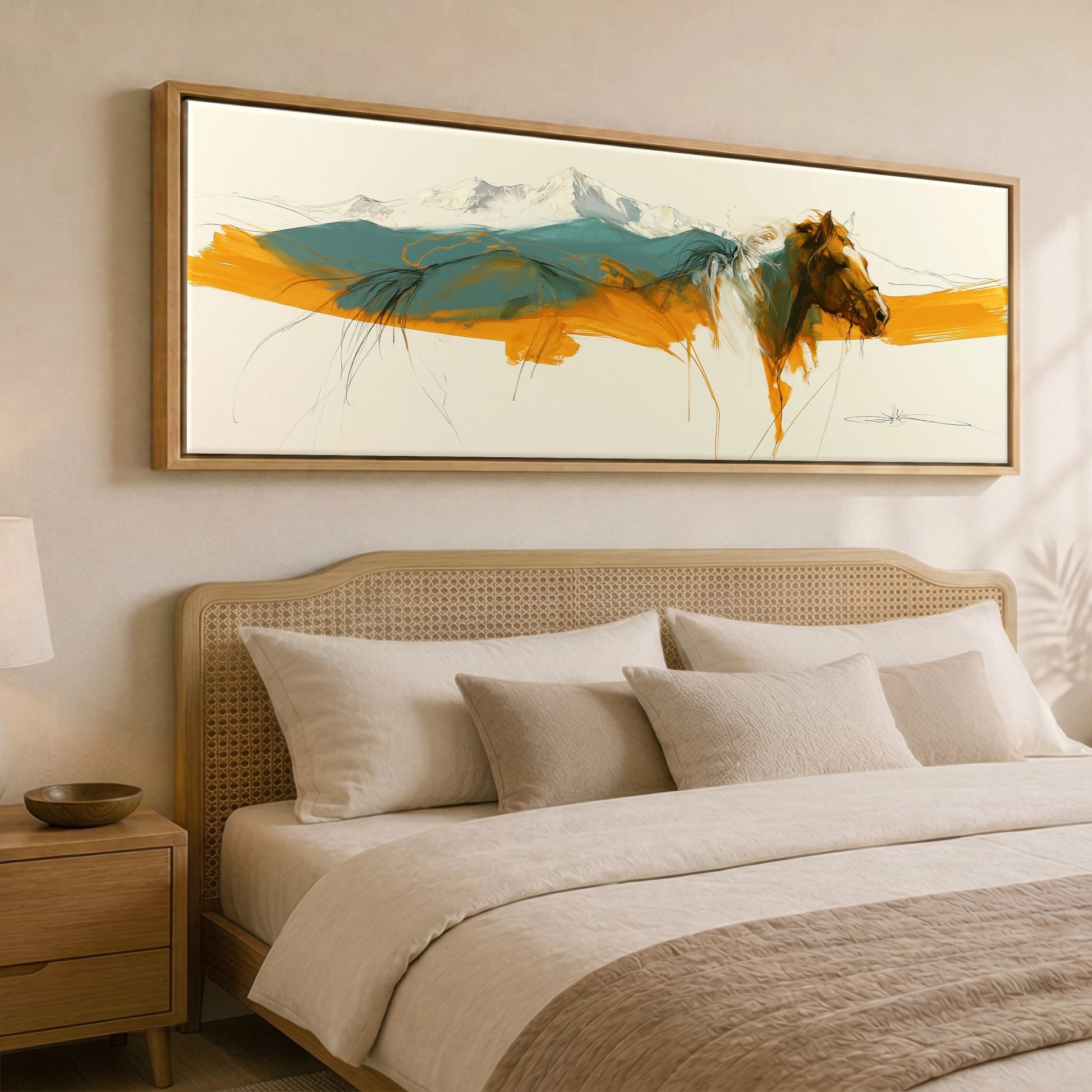 Amber Mountain Horizon Horse Landscape panoramic canvas wall art displayed above a bed
