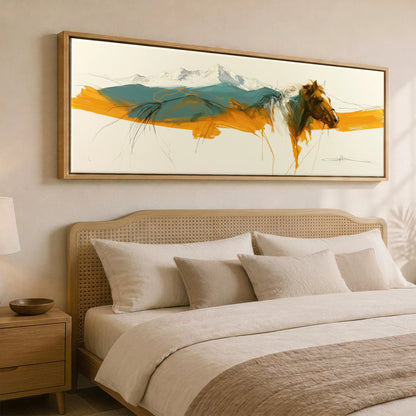 Amber Mountain Horizon Horse Landscape panoramic canvas wall art displayed above a bed