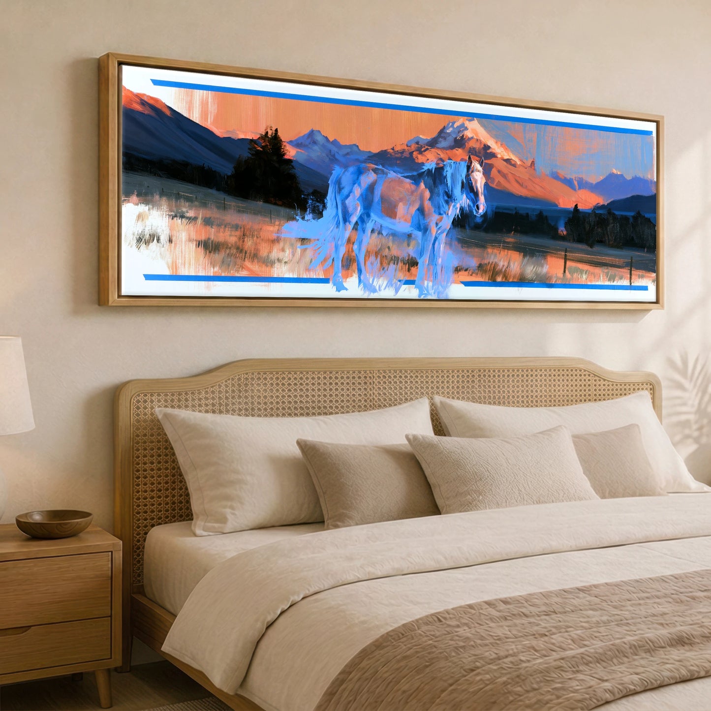 Alpine Glow and Azure Horse Landscape panoramic canvas wall art displayed above a bed
