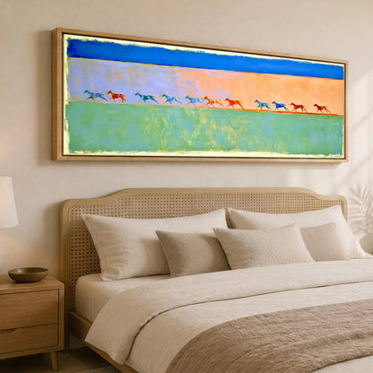 Rhythm in Colour Polo Horse panoramic canvas wall art displayed above a bed
