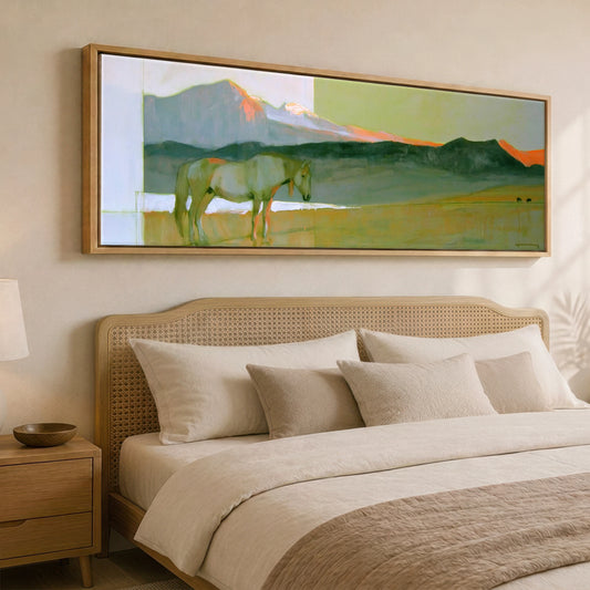 Pastel Mountain Light Horse Landscape panoramic canvas wall art displayed above a bed