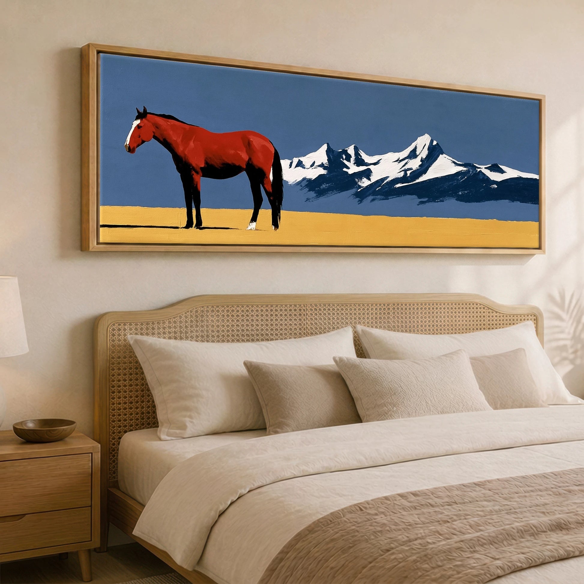 Scarlet Stallion Alpine Ridge Horse Landscape panoramic canvas wall art displayed above a bed