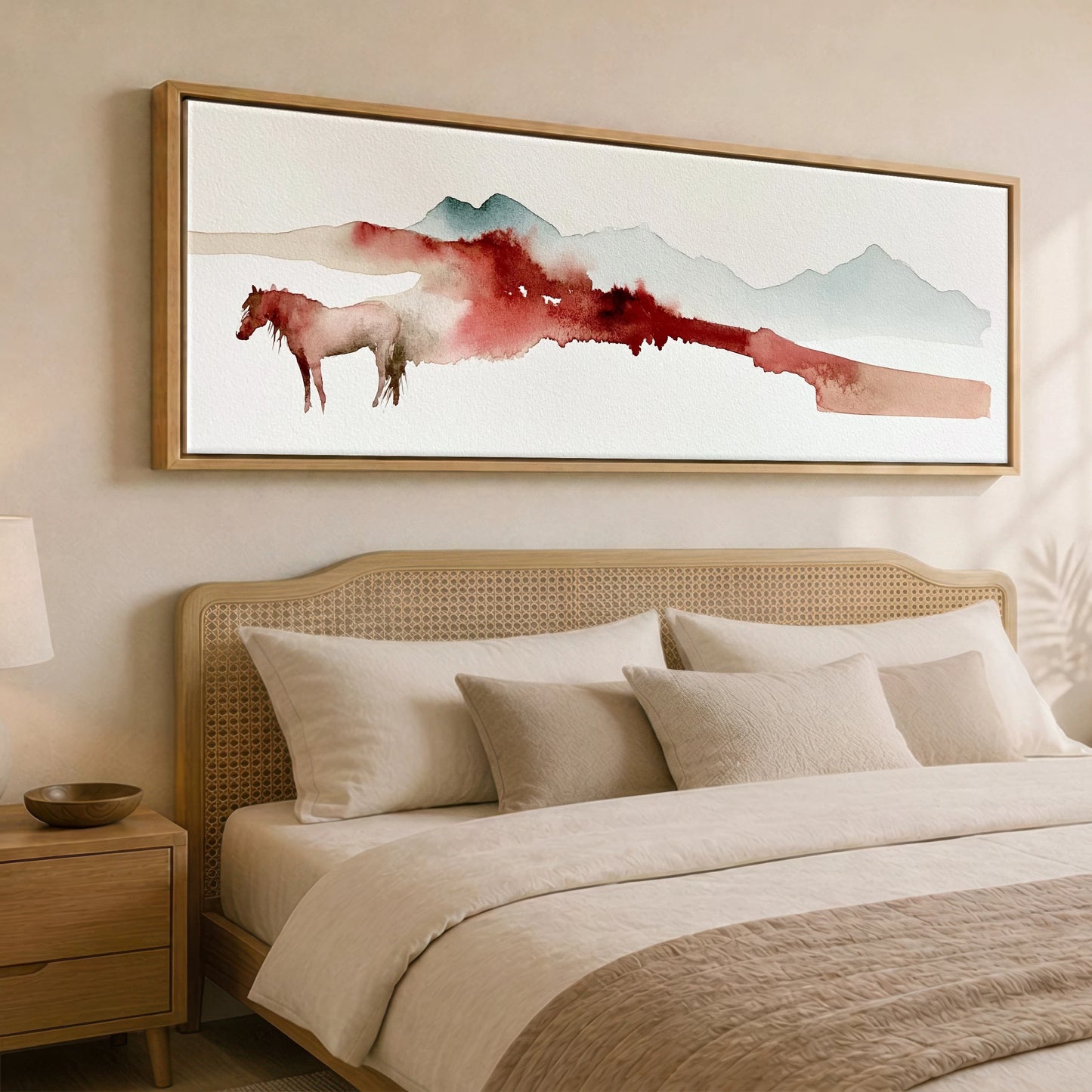 Crimson Ridge Horizon Horse Landscape panoramic canvas wall art displayed above a bed