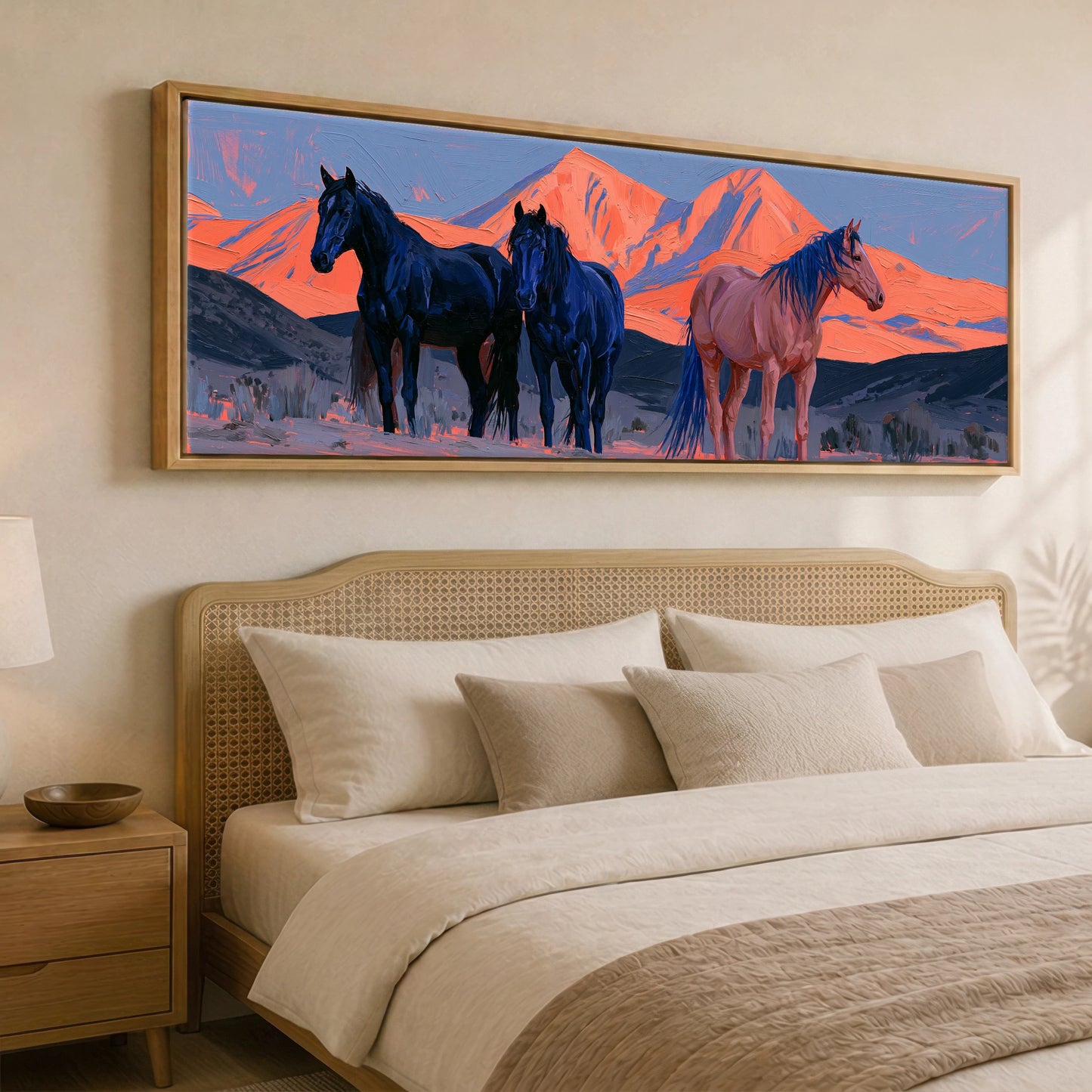 Horses of the Painted Ridge Horse Landscape panoramic canvas wall art displayed above a bed