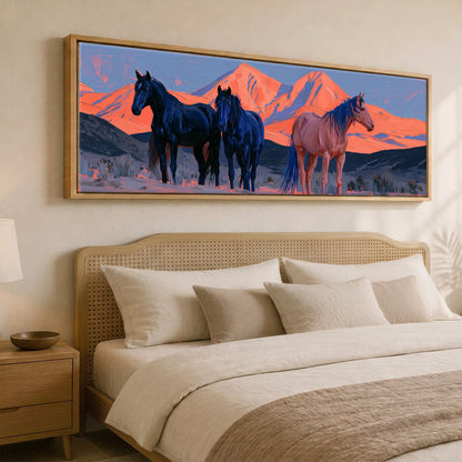 Horses of the Painted Ridge Horse Landscape panoramic canvas wall art displayed above a bed