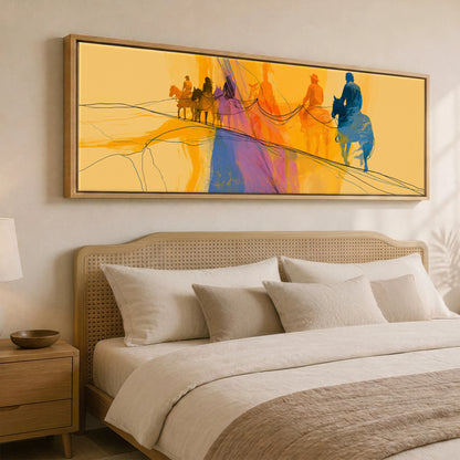 Vivid Horizon Horse & Rider panoramic canvas wall art displayed above a bed
