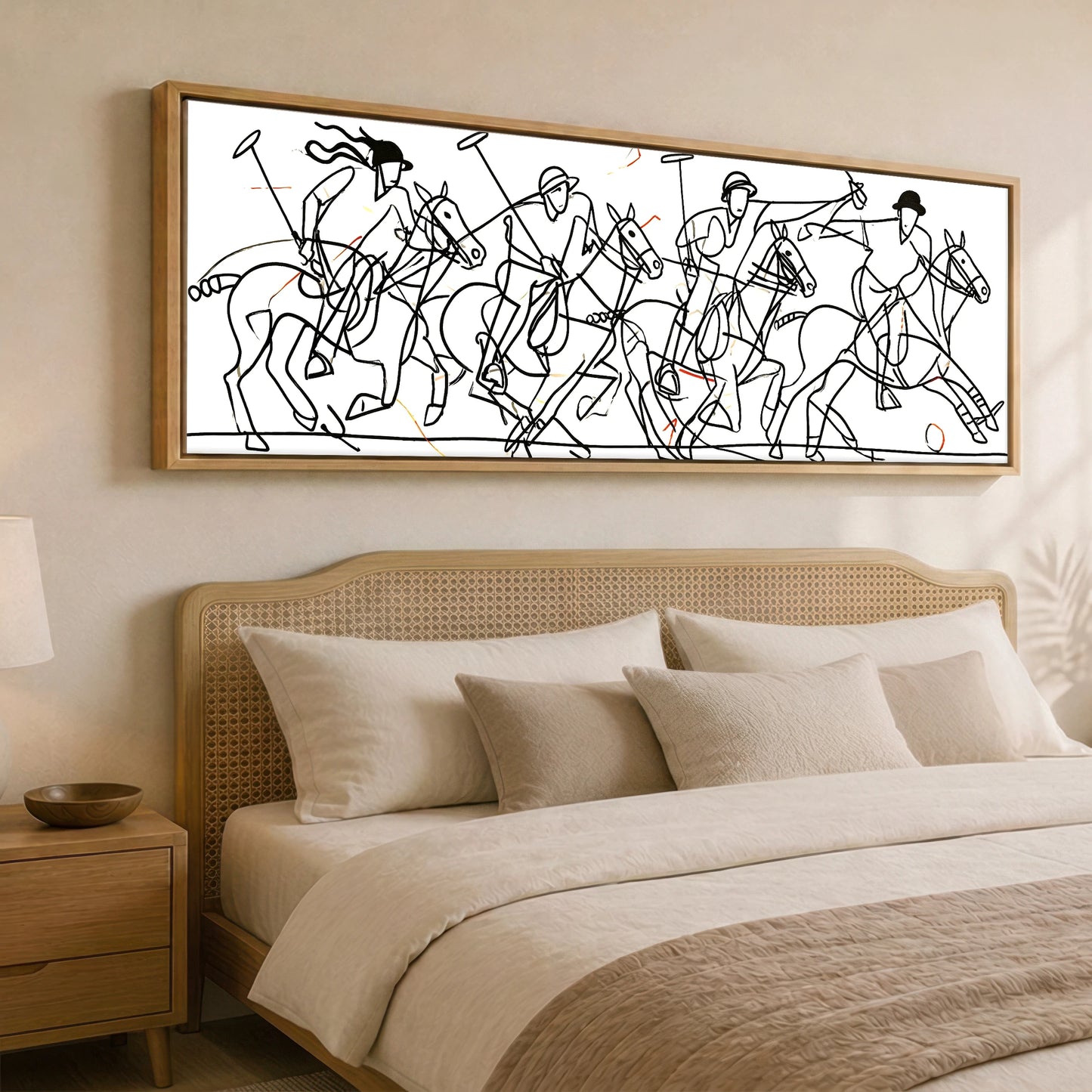 The Line of Play Polo Horse panoramic canvas wall art displayed above a bed