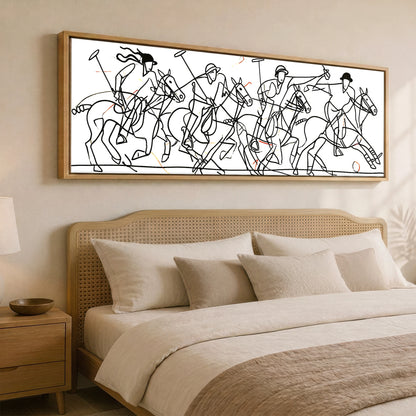 The Line of Play Polo Horse panoramic canvas wall art displayed above a bed
