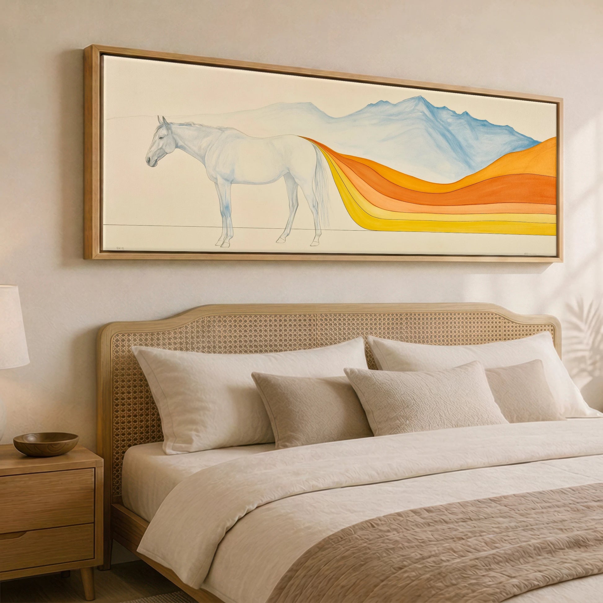 The Flowing Horizon Horse Landscape panoramic canvas wall art displayed above a bed