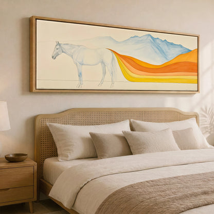 The Flowing Horizon Horse Landscape panoramic canvas wall art displayed above a bed