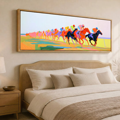 The Electric Sprint Racing Horse panoramic canvas wall art displayed above a bed