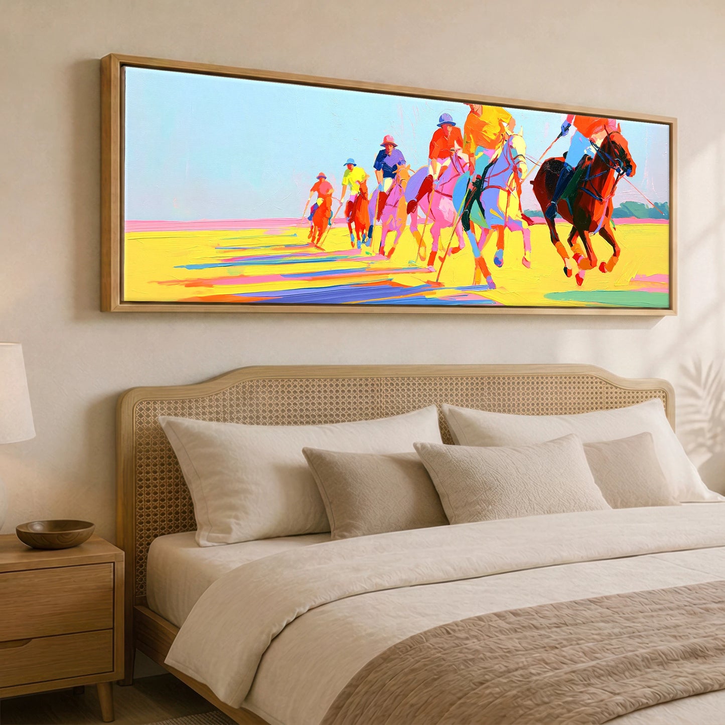 Technicolour Polo Charge Polo Horse panoramic canvas wall art displayed above a bed
