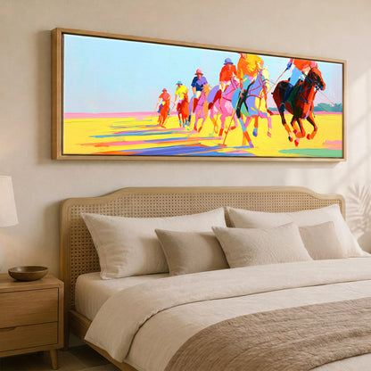 Technicolour Polo Charge Polo Horse panoramic canvas wall art displayed above a bed