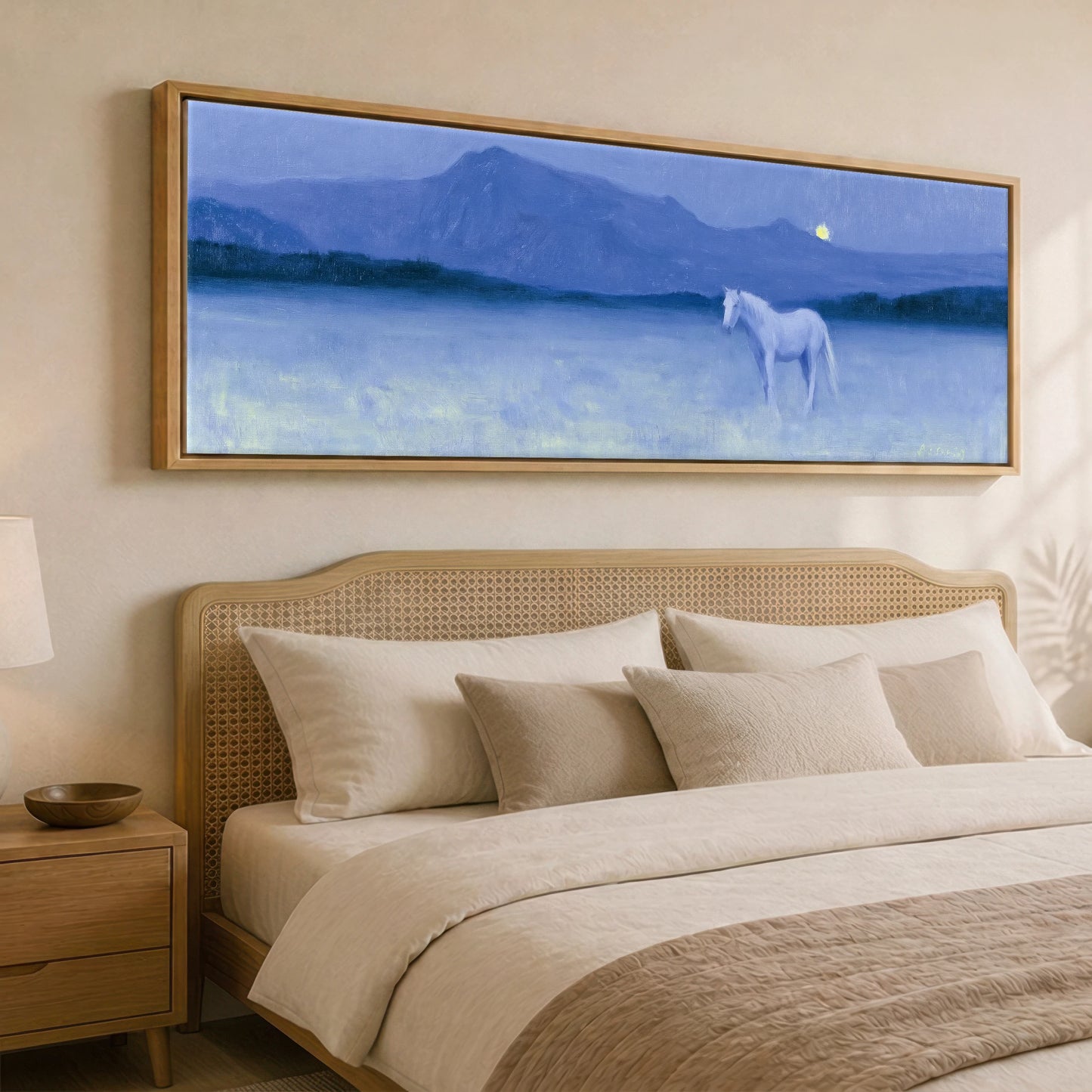 Solitary Grey Under Moonlight Horse Landscape panoramic canvas wall art displayed above a bed