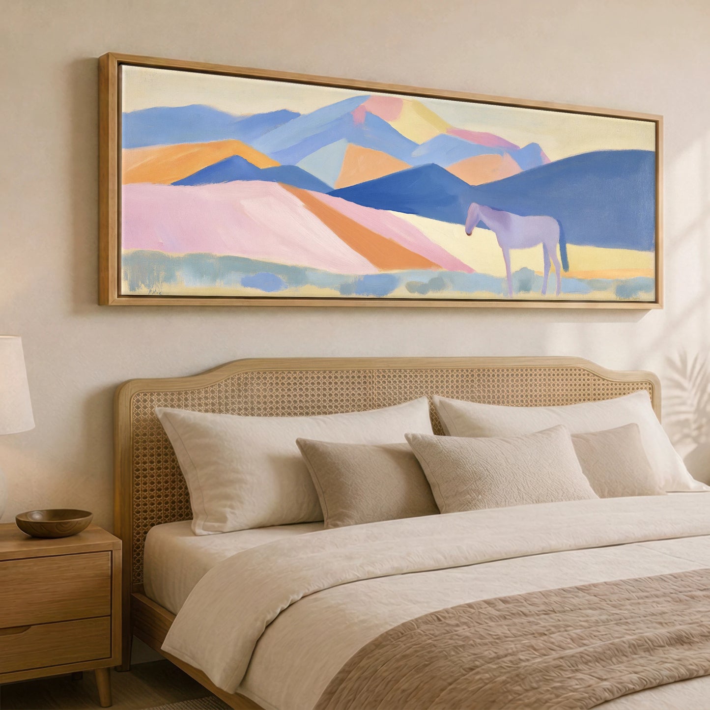 Lavender Mountain Horizon Horse Landscape panoramic canvas wall art displayed above a bed