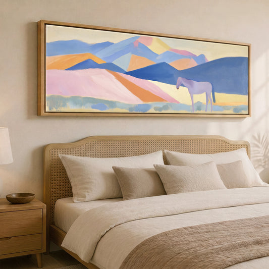 Lavender Mountain Horizon Horse Landscape panoramic canvas wall art displayed above a bed