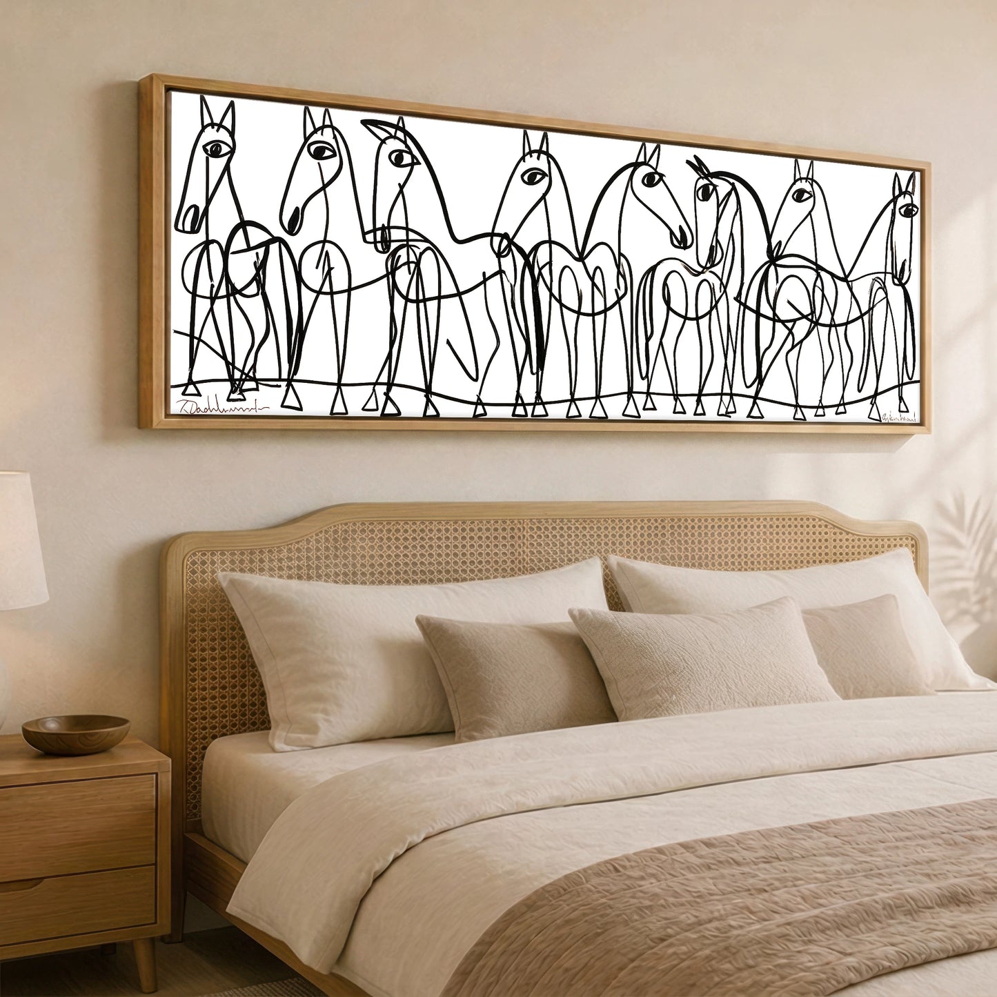 The Line Drawn Herd Horse Landscape panoramic canvas wall art displayed above a bed